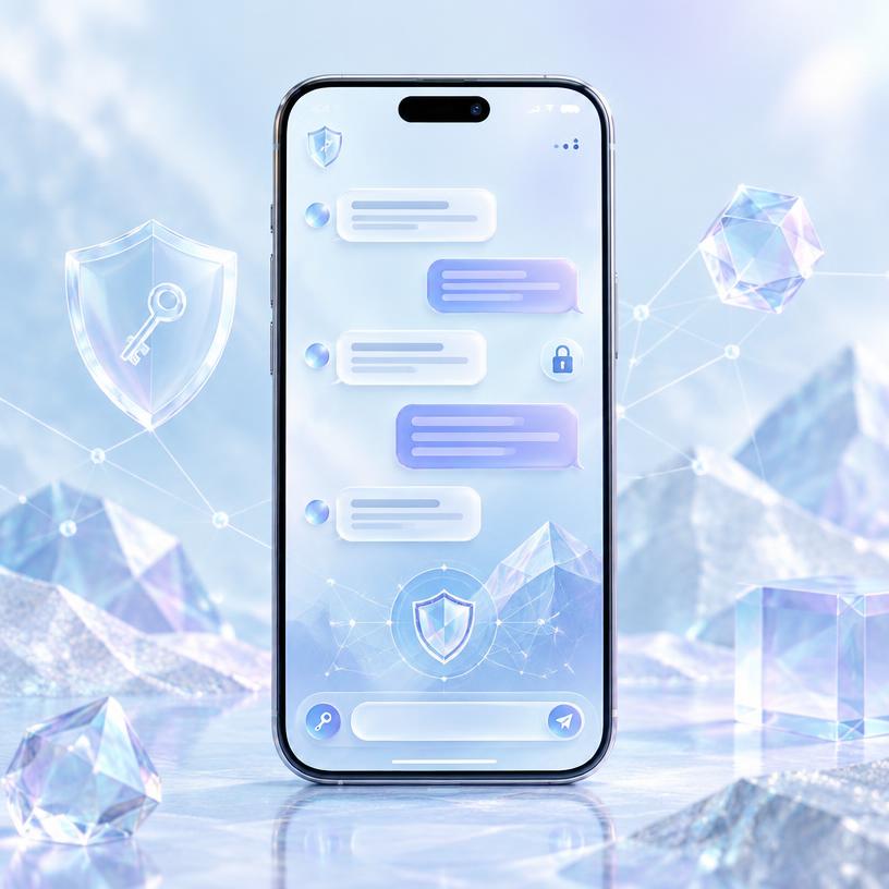 Illustration of an encrypted messaging app on a phone with security symbols