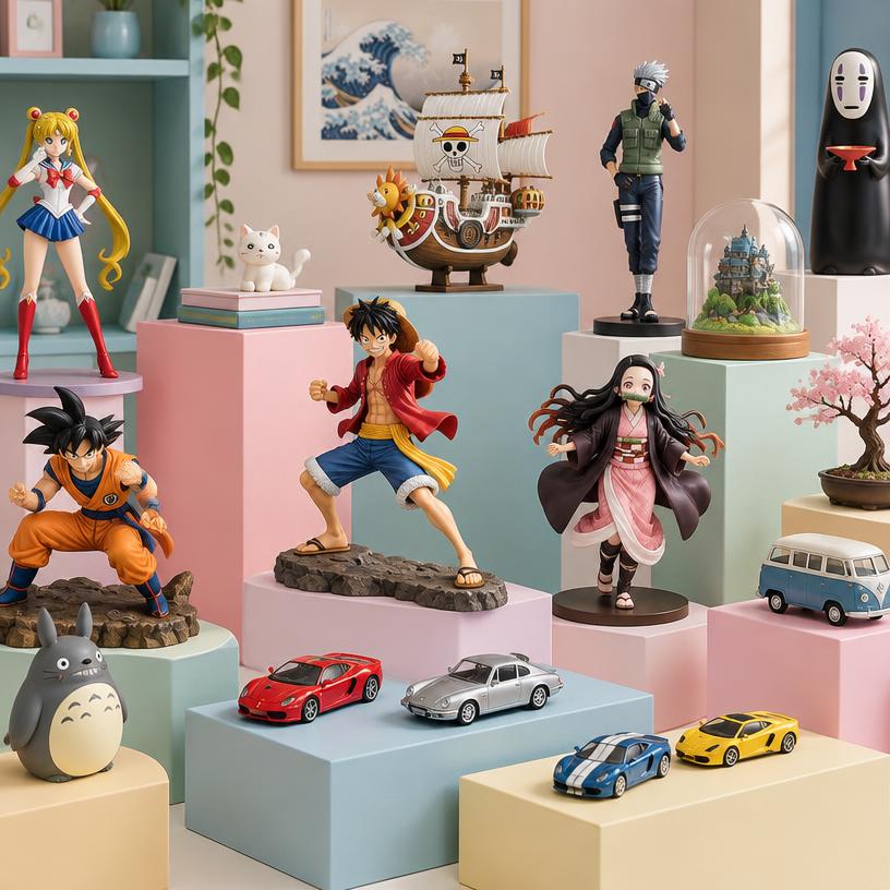 Illustrative display of collectible figures and miniature cars